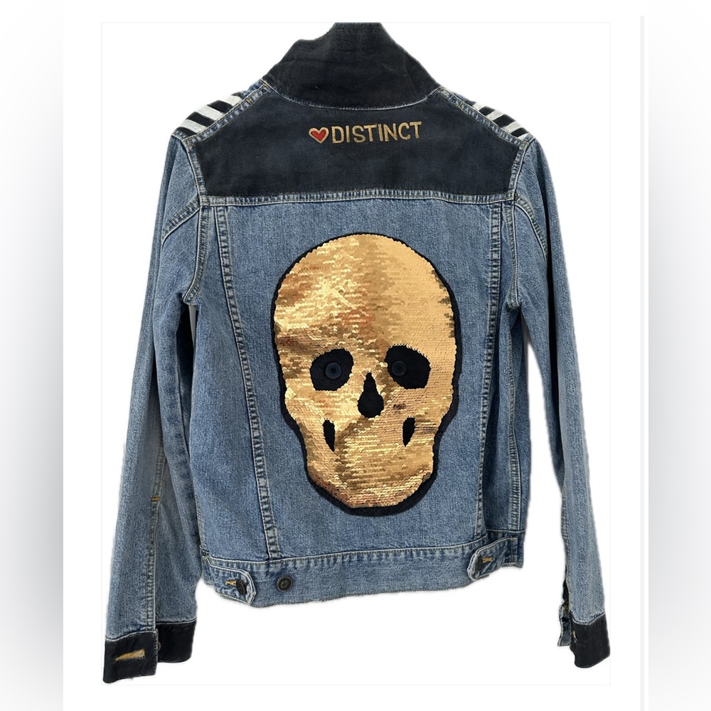 Women Denim Jacket with Sequin Gold Skull hand painted "DistinctbyMine"